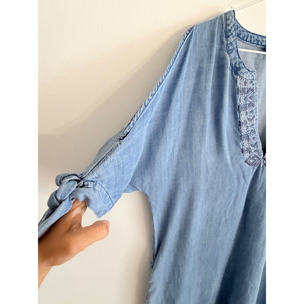 Blue Rain Chambray Tunic Dress Medium Blue Tencel Embroidered V-Neck Pockets Boh - Picture 5 of 11
